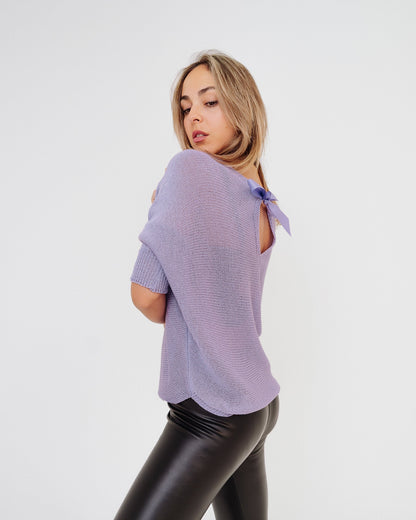 Maglia donna blu con fiocco made in Italy