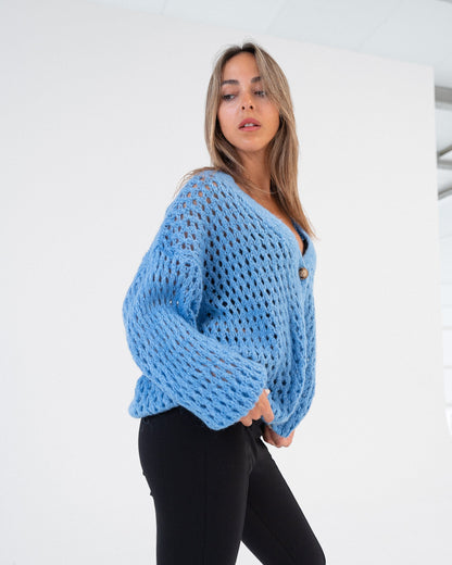 Maglione con fori donna azzurro made in Italy