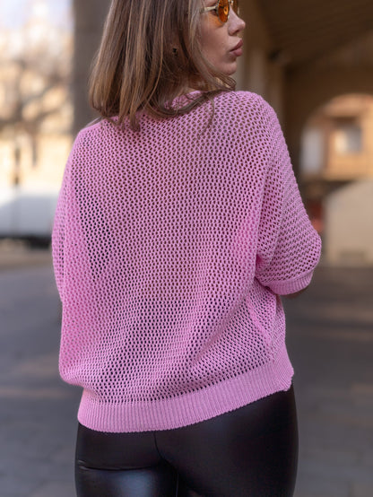 Maglione forato rosa manica corta made in italy