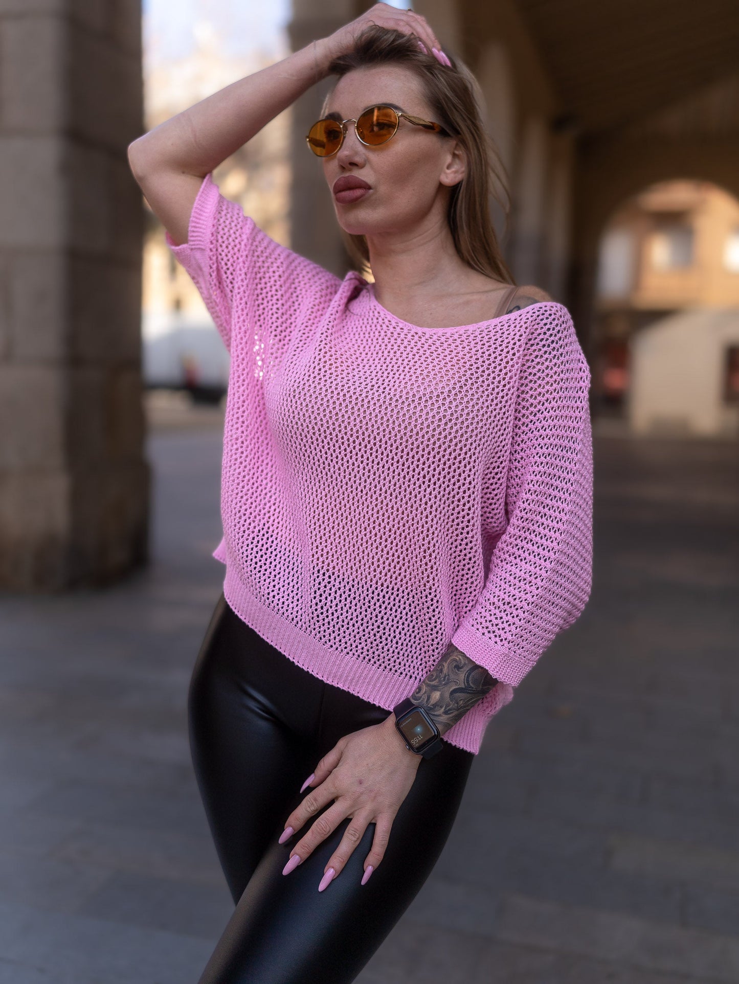 Maglione forato rosa manica corta made in italy