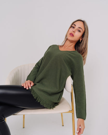 Maglione verde donna con frange made in Italy