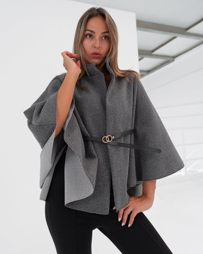 Poncho cappotto donna grigio con cintura made in Italy