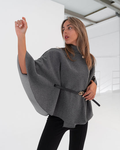 Poncho cappotto donna grigio con cintura made in Italy